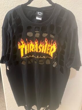 Thrasher Black Tee with White Spade Tag and Flame Graphic